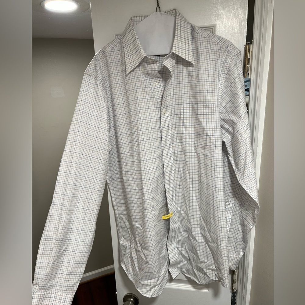 Jos. A. Bank Traveler Dress Shirt 16.5 x 36 Blue and Brown hatch pattern